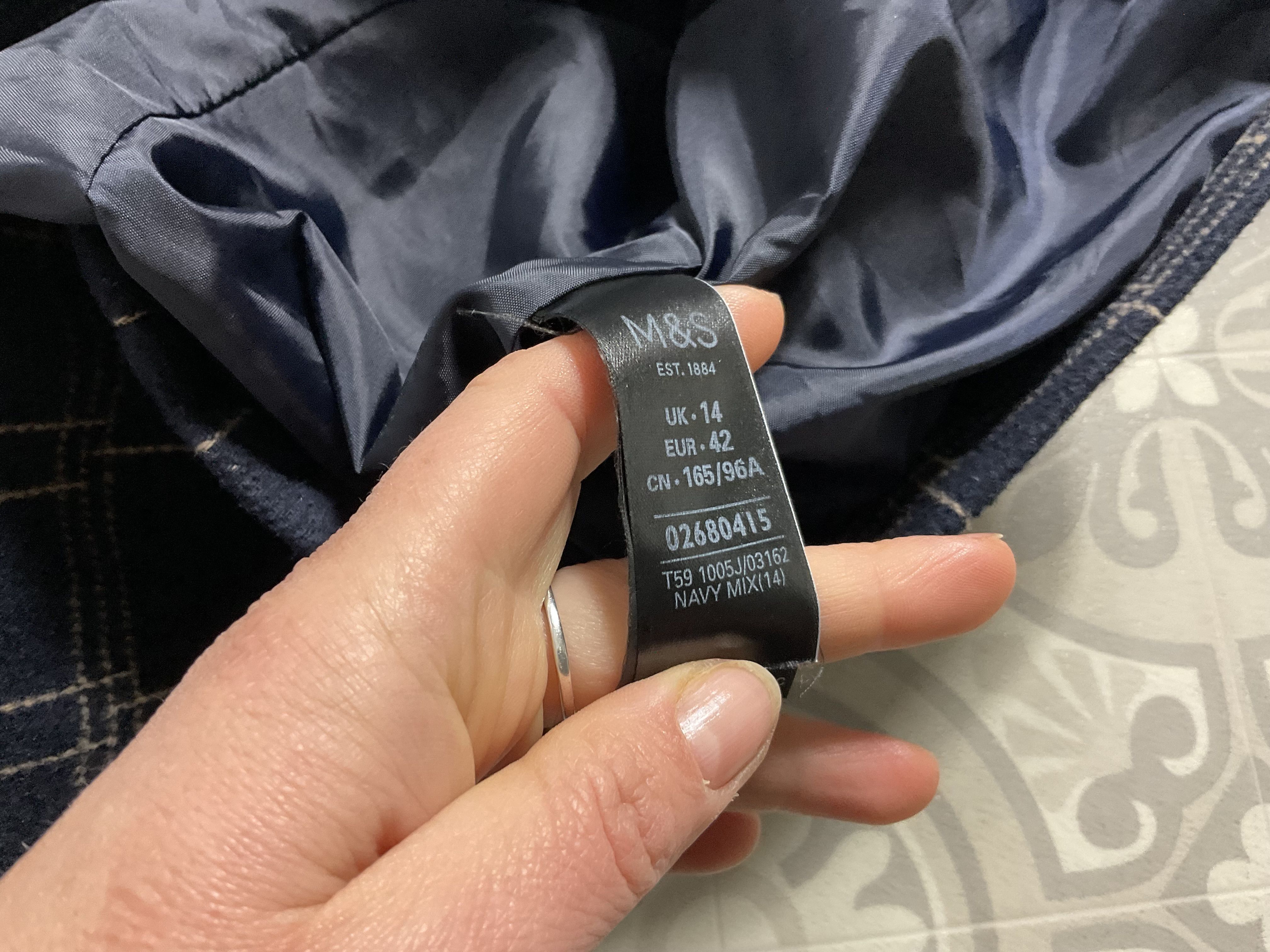 M&S blu navy check contenuto lana bottone bottone staffa UK 14 tasche - Foto 8 di 9