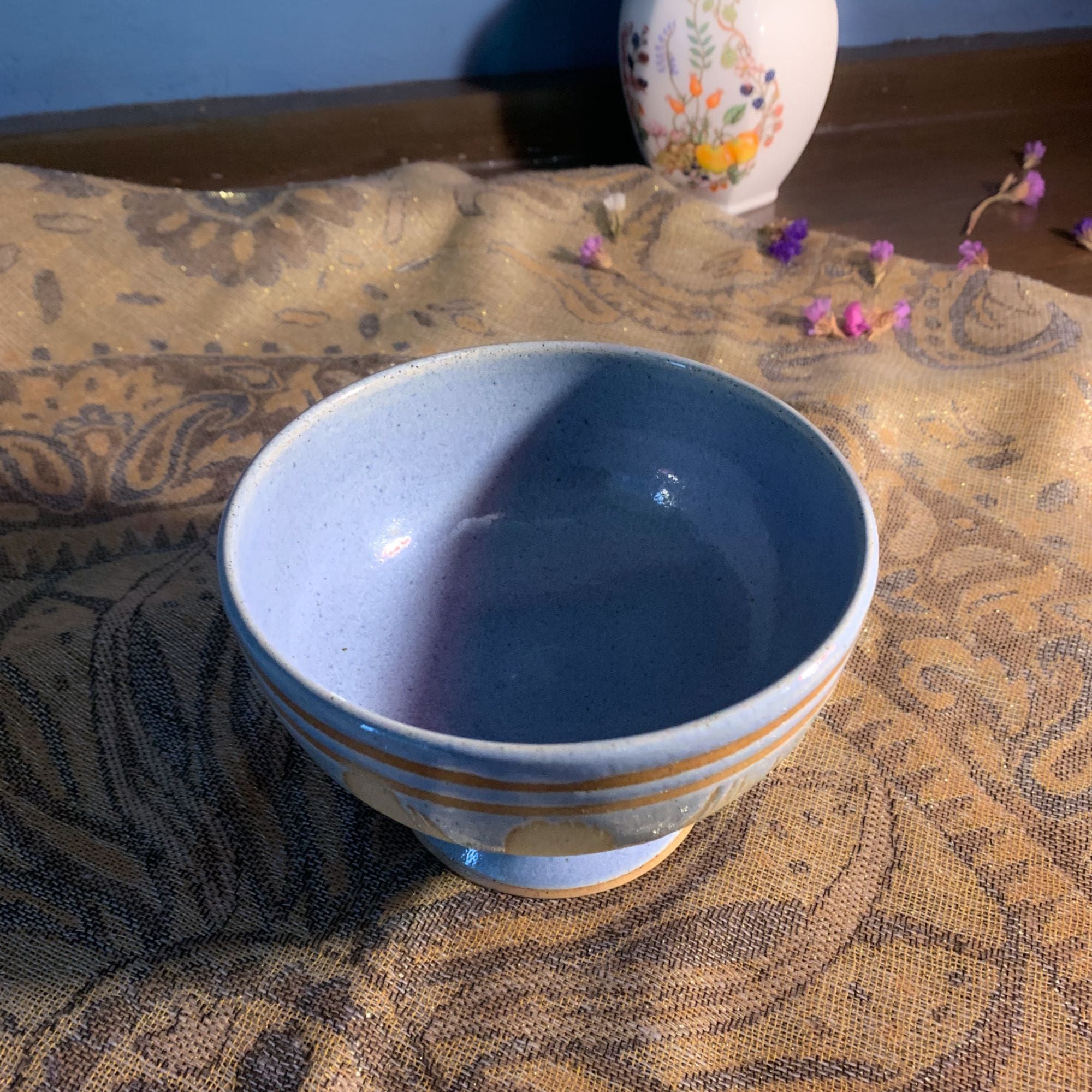 Ceramic Stripe and Flame Pattern Handmade Goblet Bowl Light Blue Denby-esc Style - Picture 8 of 8