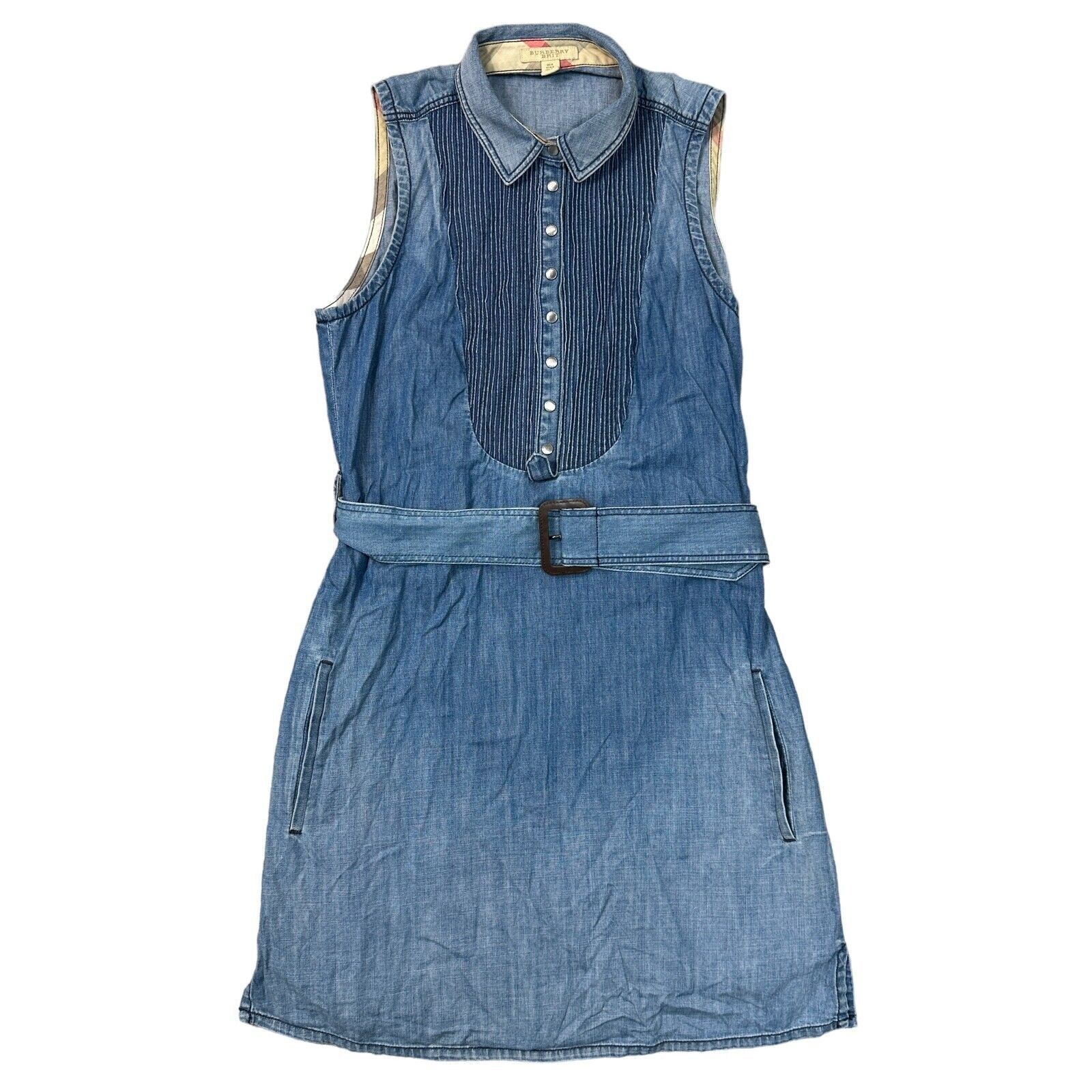 Burberry Brit abito denim senza maniche bottoni a pressione donna UK 8