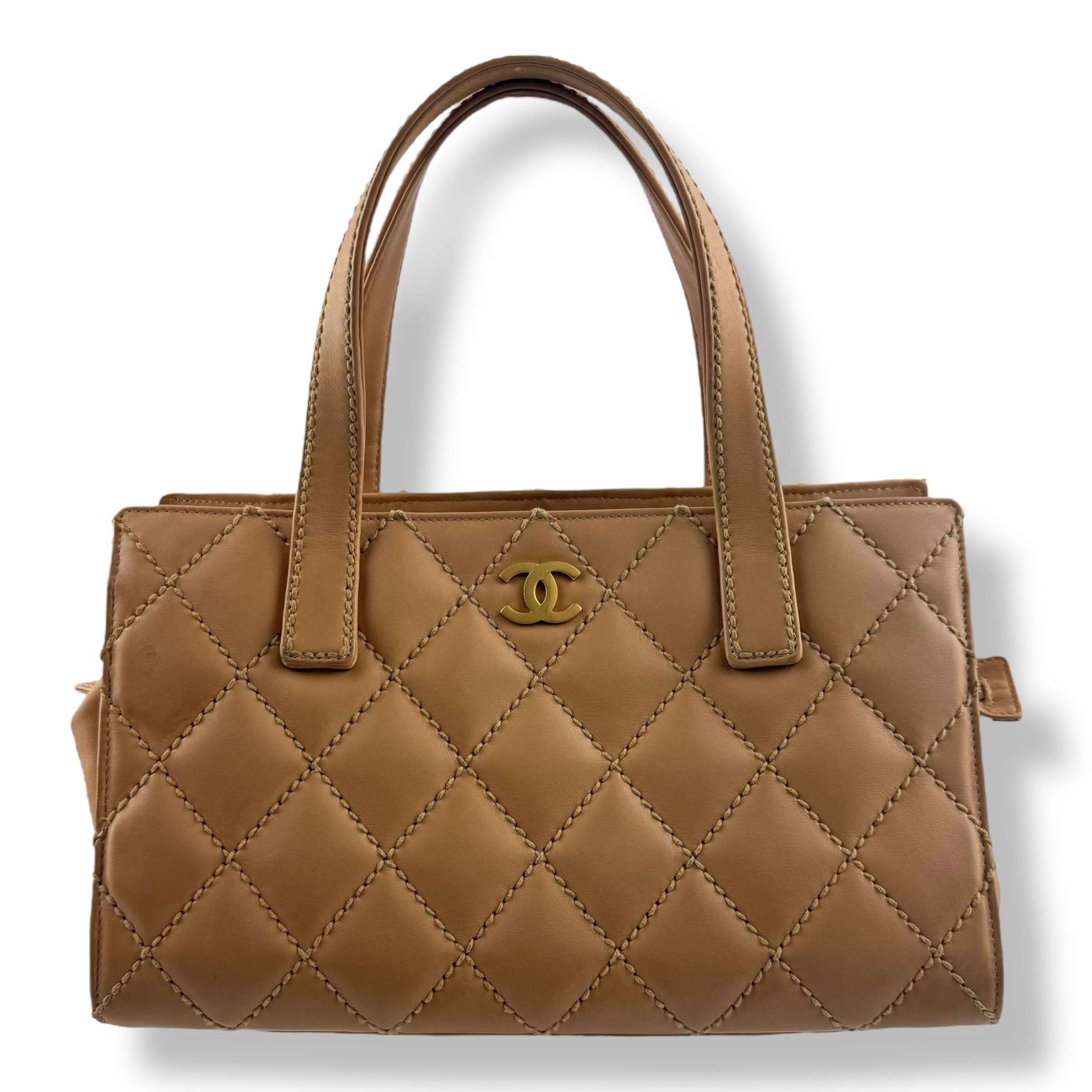 Chanel CC Beige/Brown Lambskin Wild Stitch Handbag