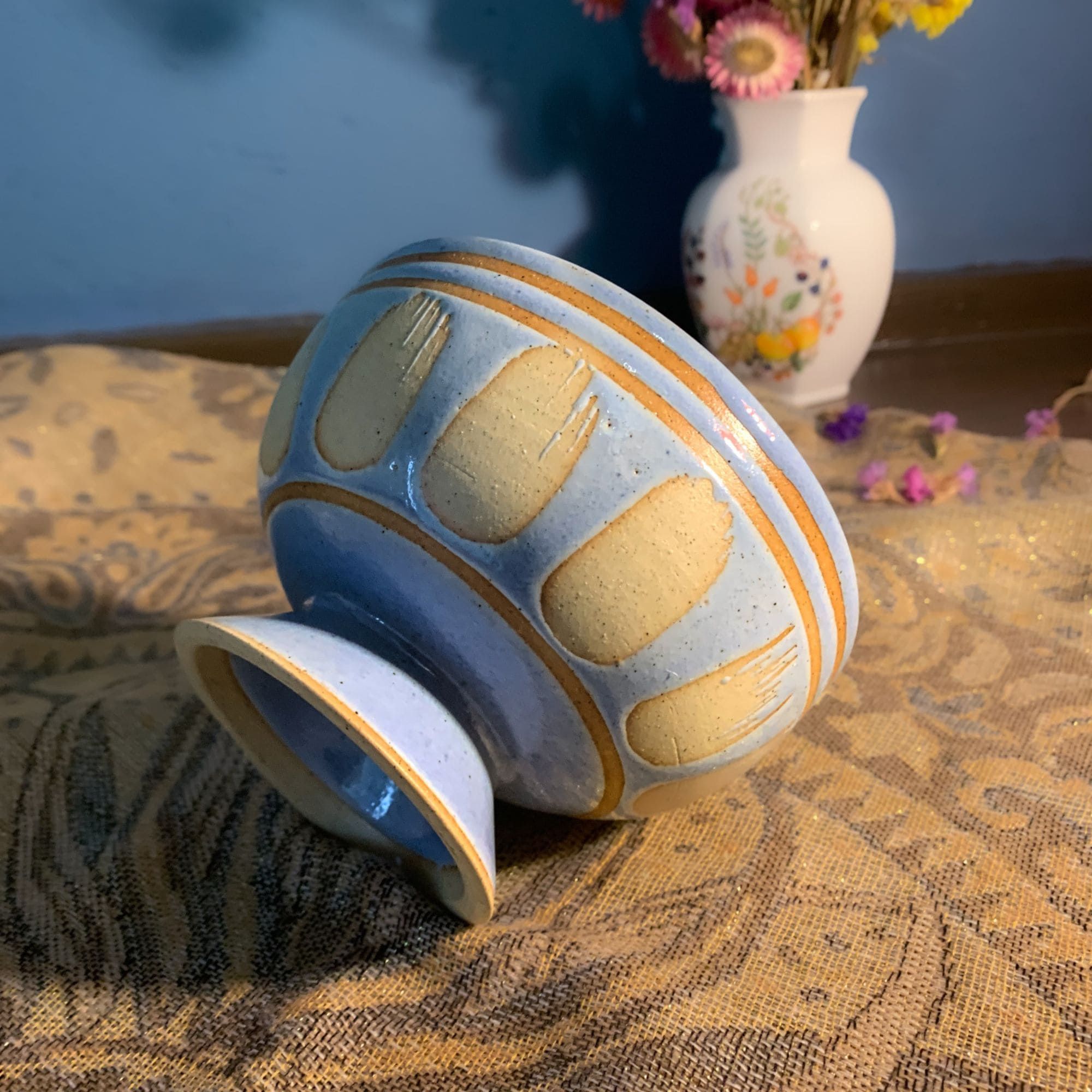 Ceramic Stripe and Flame Pattern Handmade Goblet Bowl Light Blue Denby-esc Style - Picture 7 of 8
