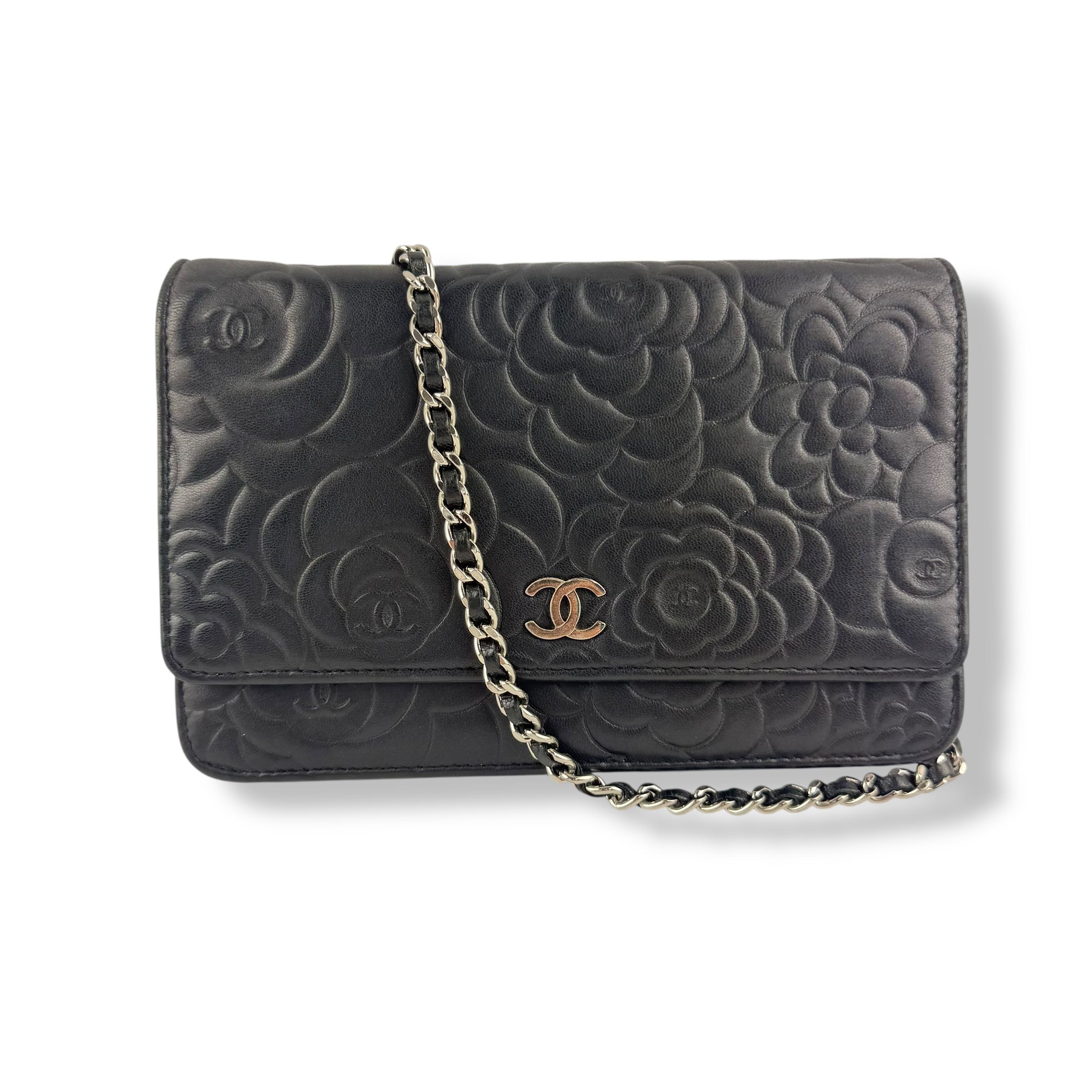 CHANEL Lambskin Quilted Camelia Wallet On Chain WOC Black Handbag