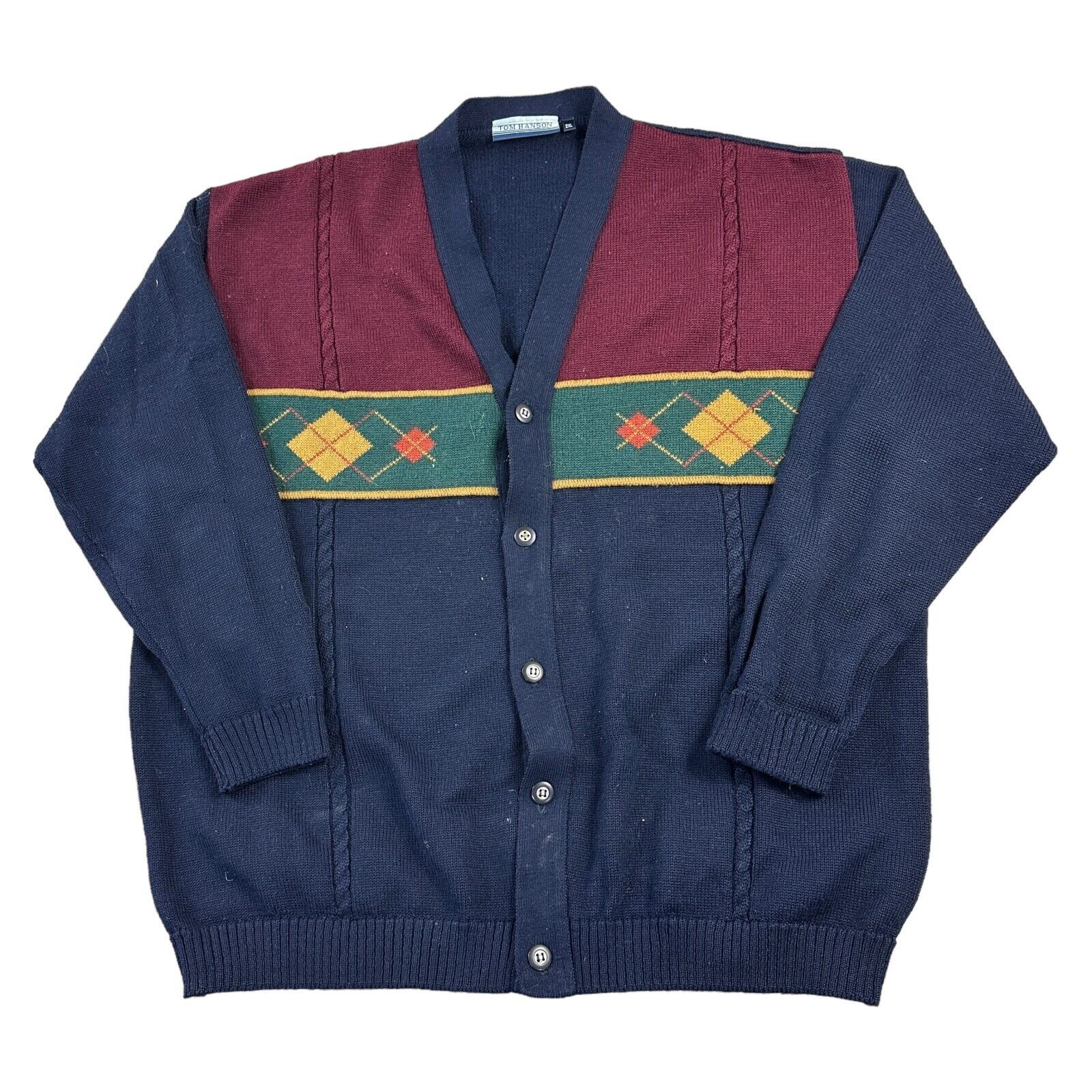 Vintage Tom Hanson Strickjacke Abstrakt Gemustert Blau Pullover Herren 2XL