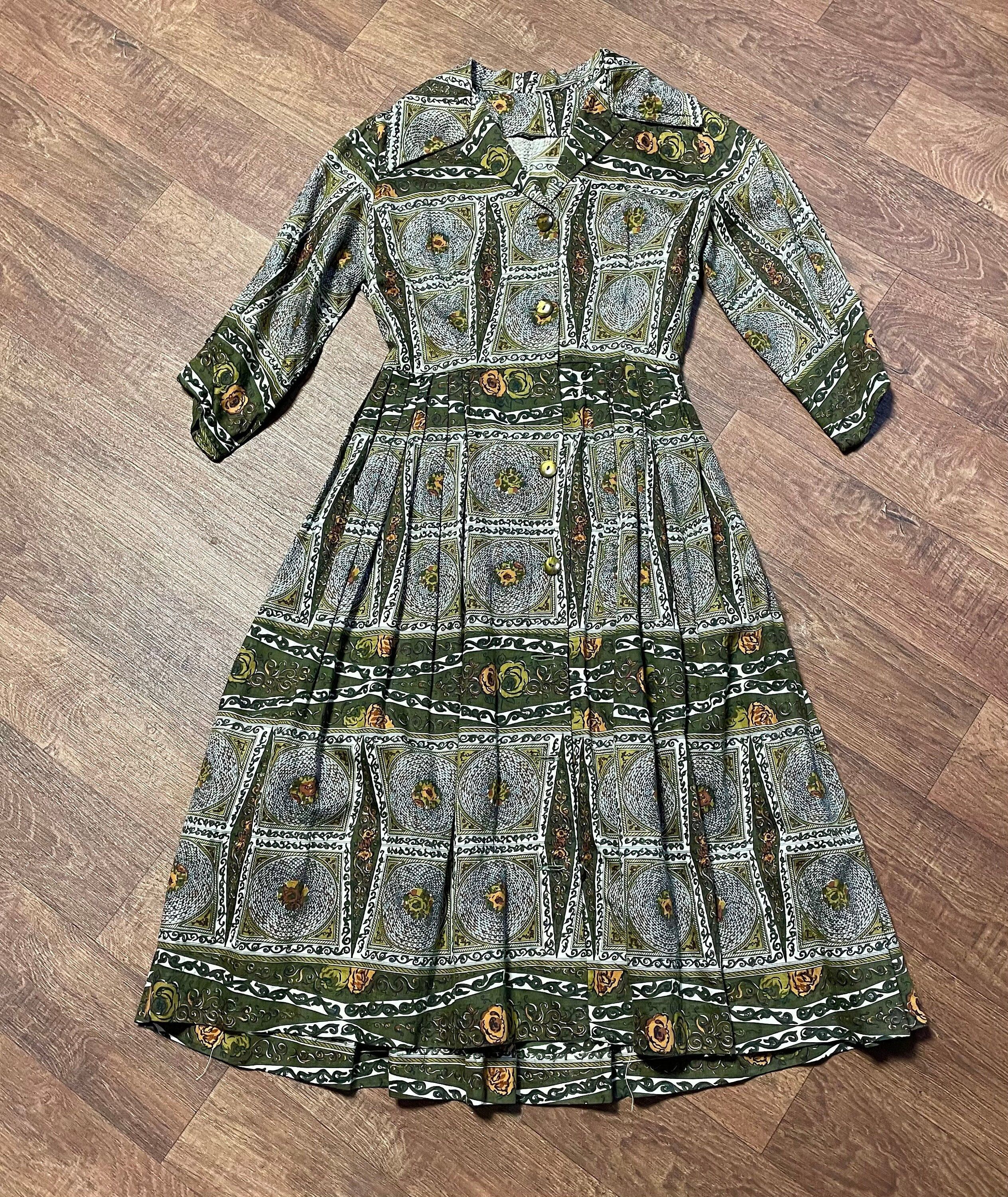 Vintage 50s Dress | Olive Cotton Shirtwaister | 8/10 | 1950s Dresses | Retro - Picture 1 of 3