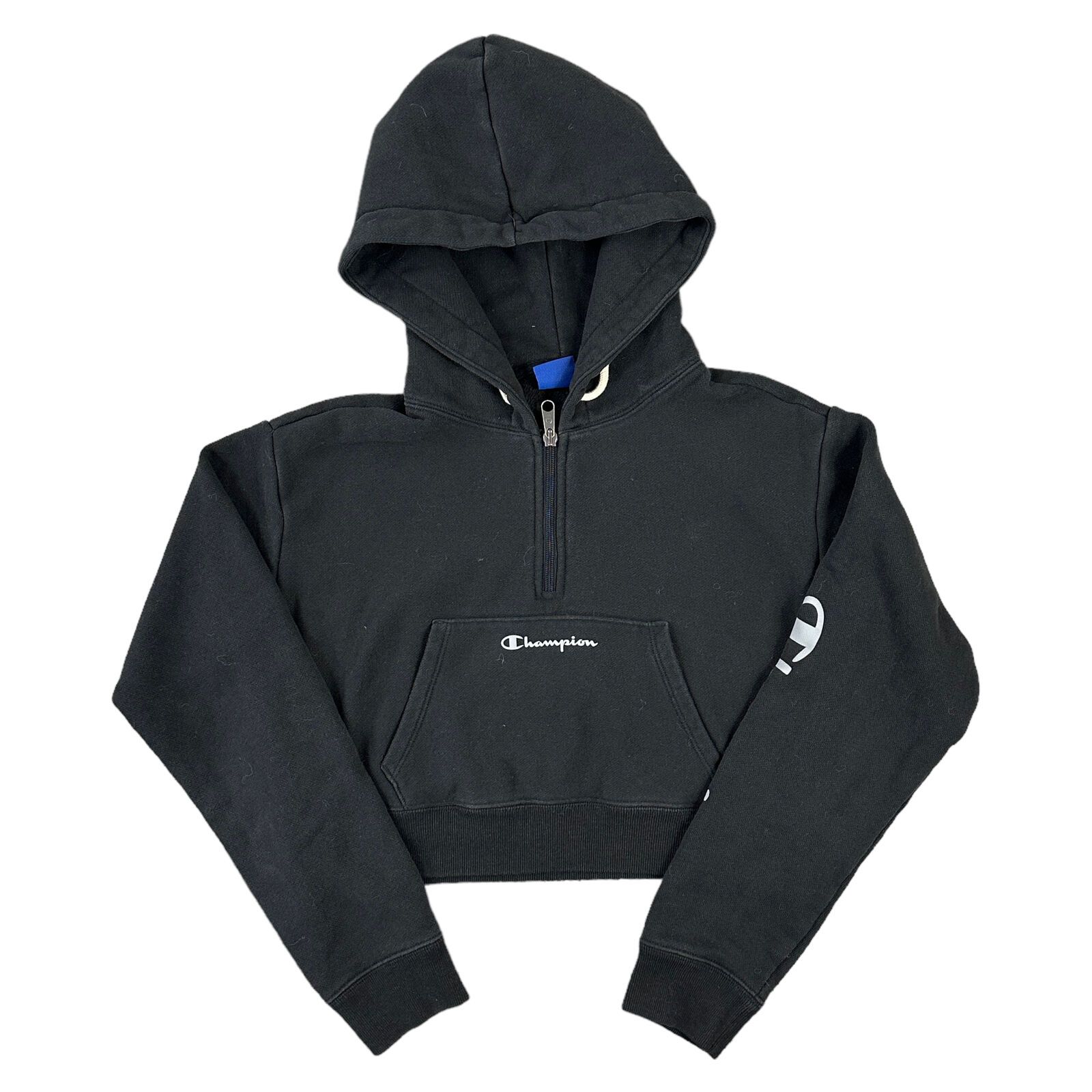 Champion Cropped Hoodie 00S Y2K Black Sweatshirt Womens Small