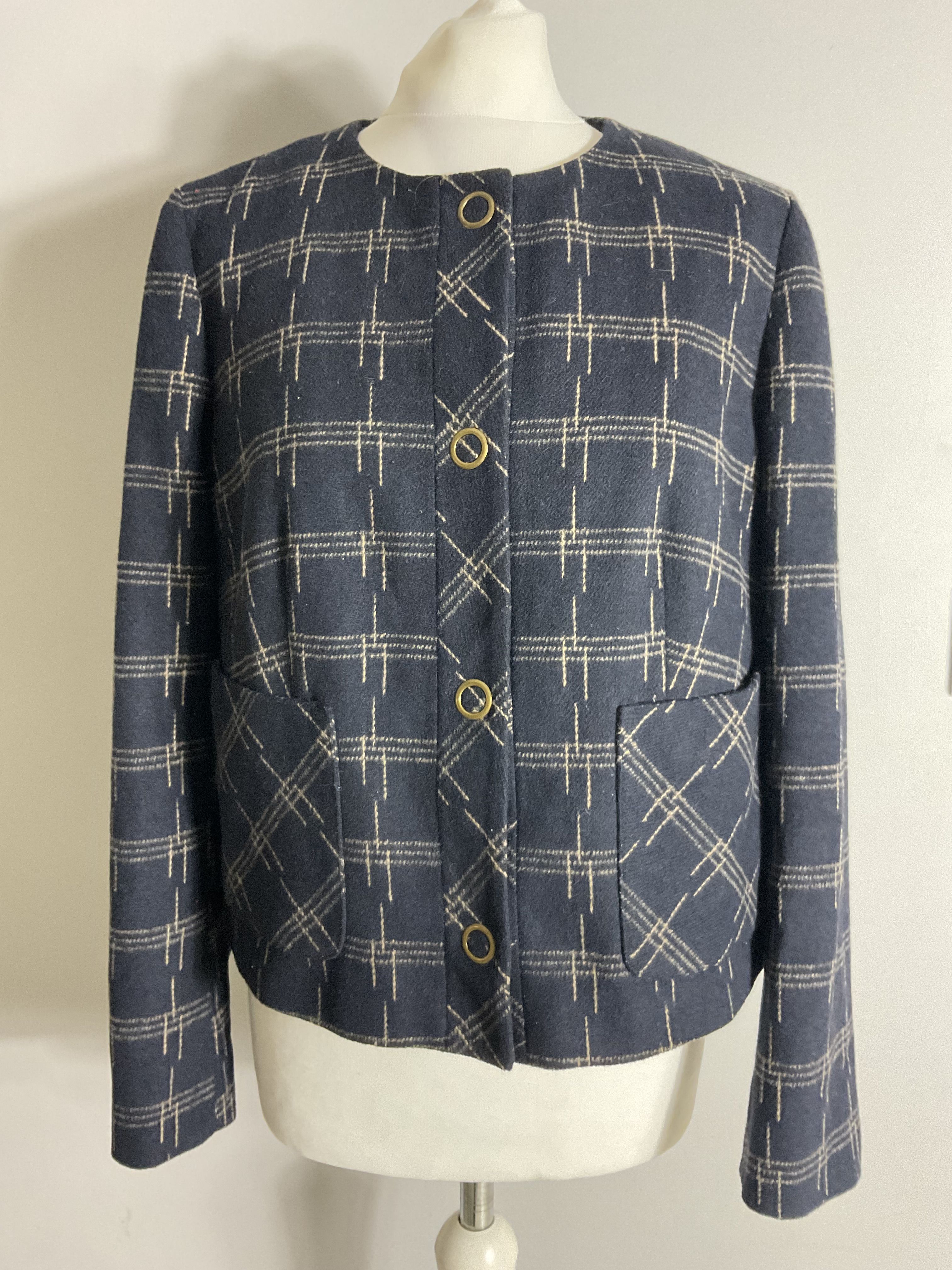 M&S blu navy check contenuto lana bottone bottone staffa UK 14 tasche - Foto 1 di 9