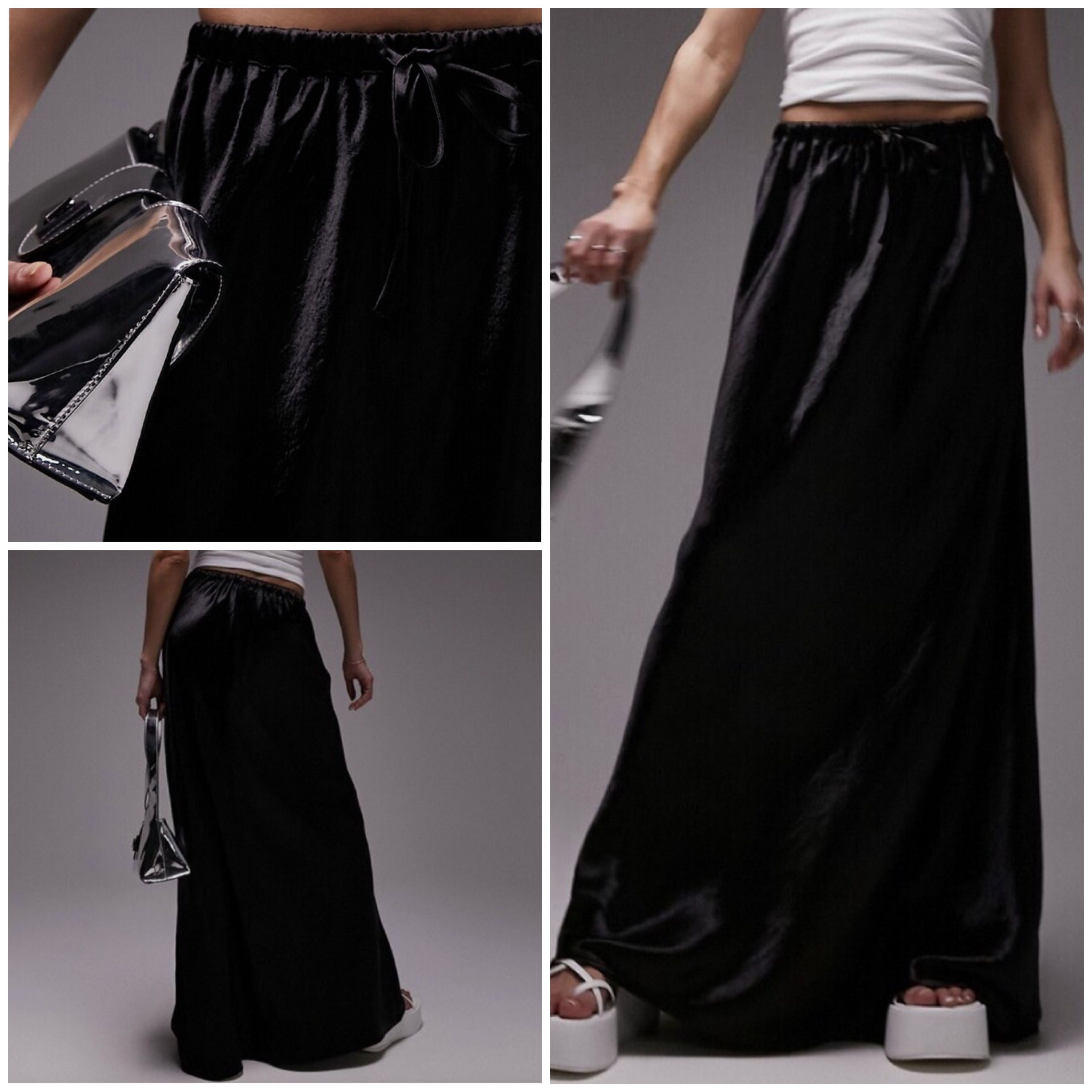 Maxi gonna lunga Topshop raso liquido nero elastico in vita cravatta UK 10 nuova - Foto 8 di 8