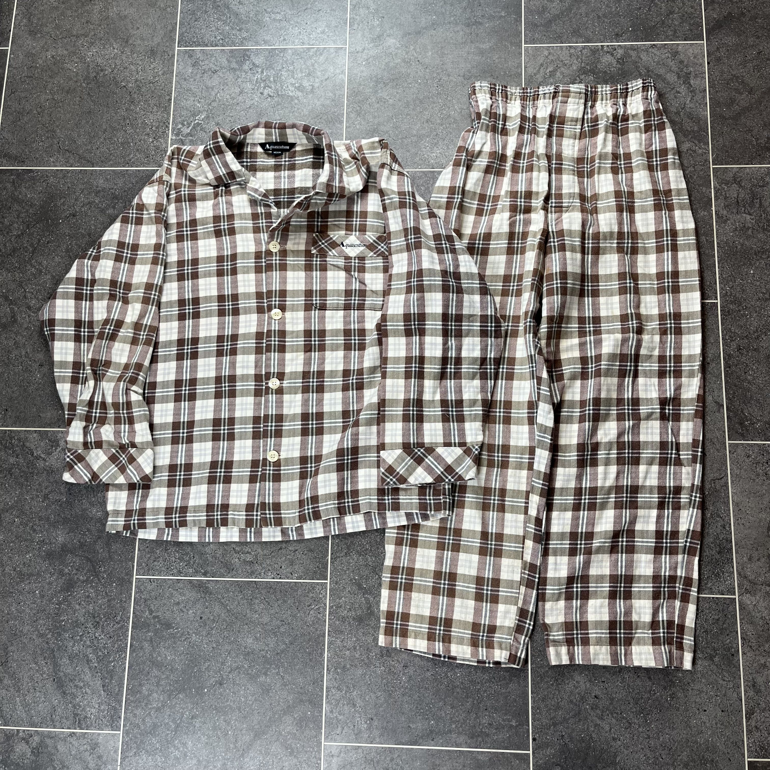 Aquascutum House Check Pyjama Set Sleepwear Lounge Brown Mens Shirt- Size Medium