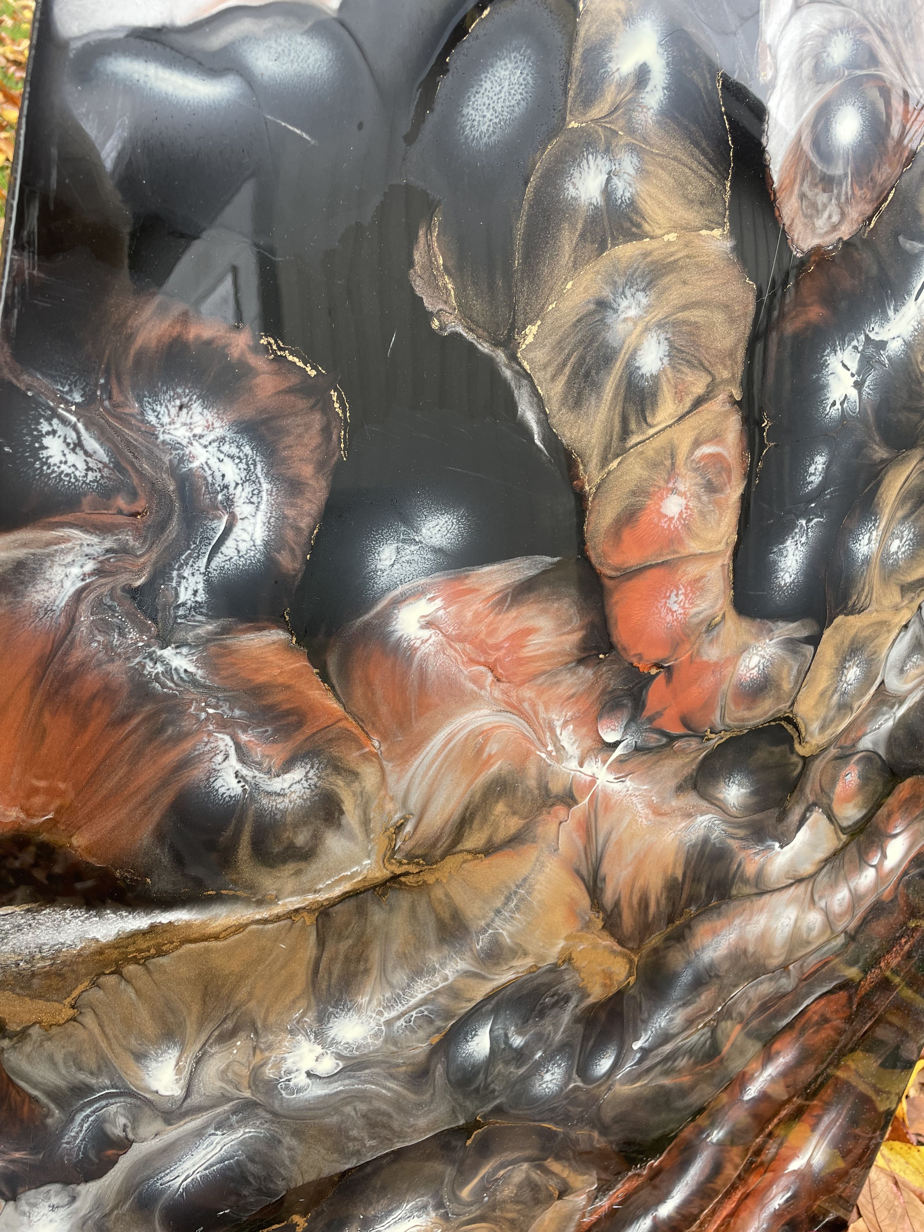 Large Original Resin Abstract Wall Art – High-Gloss Black & Copper Fluid Design - Picture 8 of 9