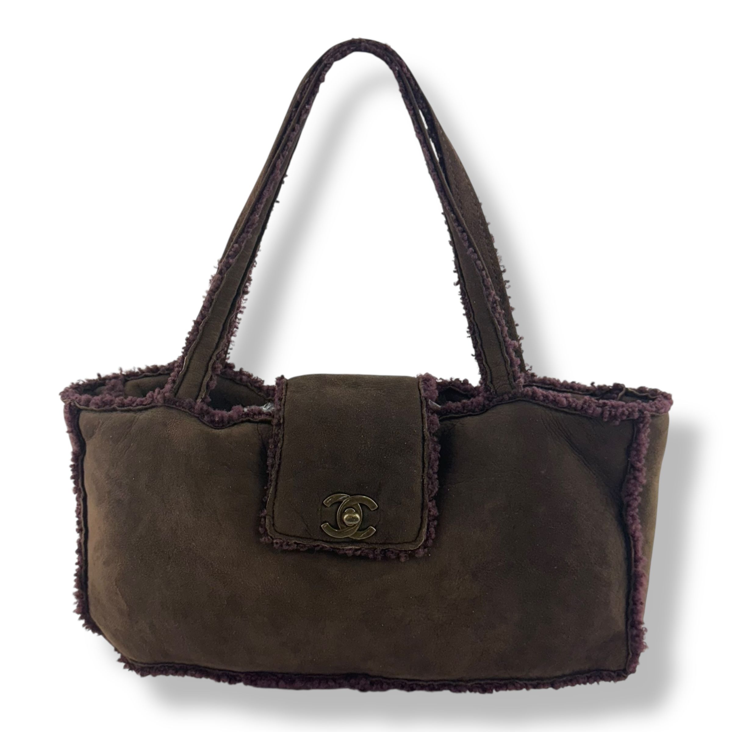 Chanel Suede Shearling Mouton Brown East/West Tote Handbag